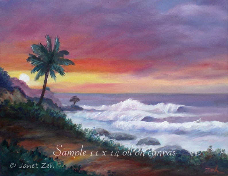 May include: A painting depicting a sunset over the ocean, featuring a palm tree in the foreground. The sky is a blend of purple, orange, and yellow hues. The waves are white and foamy. The painting is signed "Janet Zeh" in the bottom left corner and "Zeh" in the bottom right corner. The text "Sample 11 x 14 oil on canvas" is written in the bottom centre of the painting.