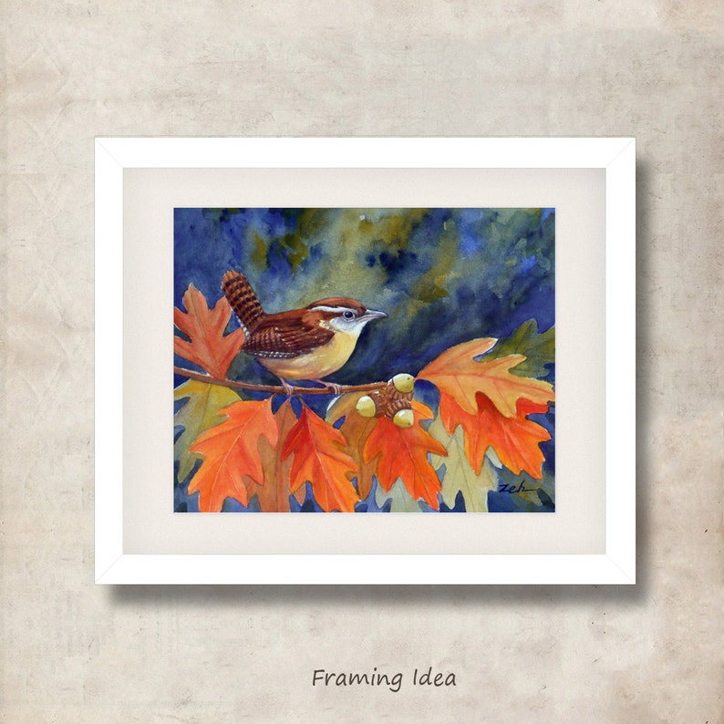 Bird art print carolina wren in oak tree autumn leaves fall watercolor print by Janet Zeh Original Art Home decor image 4