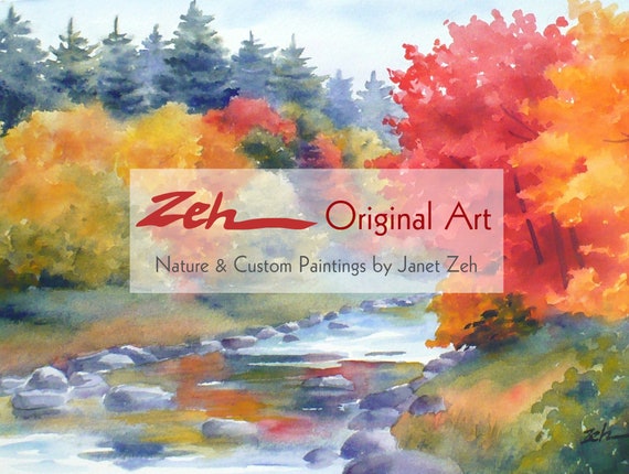 額入り水彩画壁掛け Autumn Flowers ジェニーデヴェラー 1274 Autumn Watercolor Print New England Fall Trees Landscape Mountain