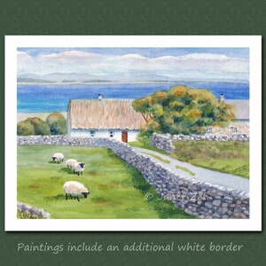 May include: Watercolor painting of a rural landscape with a white cottage, stone walls, and grazing sheep. A road leads to the cottage, with a body of water and mountains in the background. The painting includes a white border.