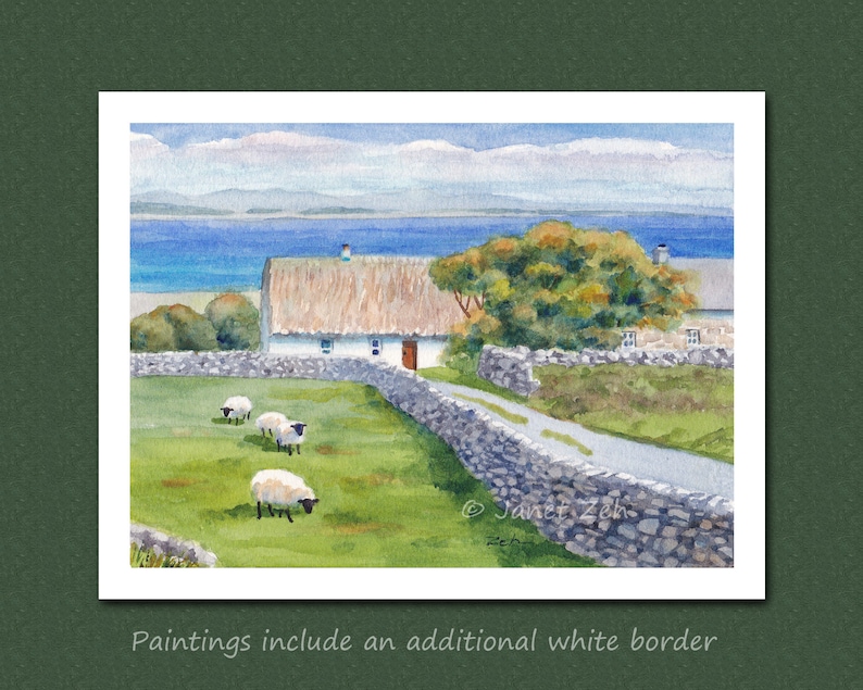 May include: Watercolor painting of a rural landscape with a white cottage, stone walls, and grazing sheep. A road leads to the cottage, with a body of water and mountains in the background. The painting includes a white border.