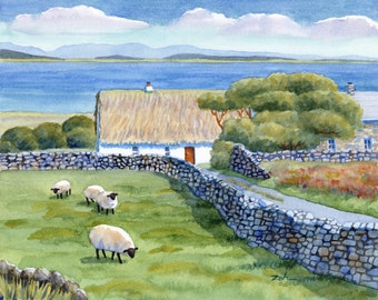 Original Aran Islands watercolor landscape painting Ireland thatched cottage sheep Ready to Ship unframed wall art by Janet Zeh