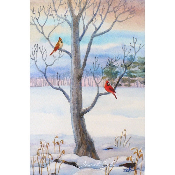 Winter Tree Painting 14x11 Matted Watercolor Landscape Cardinal Bird Art by Janet Zeh