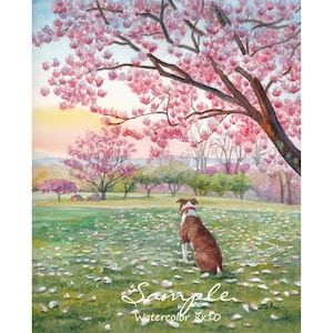 May include: A watercolor painting of a brown and white dog sitting in a field of green grass with pink flower petals scattered around. The dog is looking towards a row of trees in the distance. The sky is a soft pink and orange.