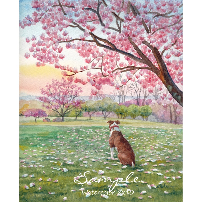 May include: A watercolor painting of a brown and white dog sitting in a field of green grass with pink flower petals scattered around. The dog is looking towards a row of trees in the distance. The sky is a soft pink and orange.