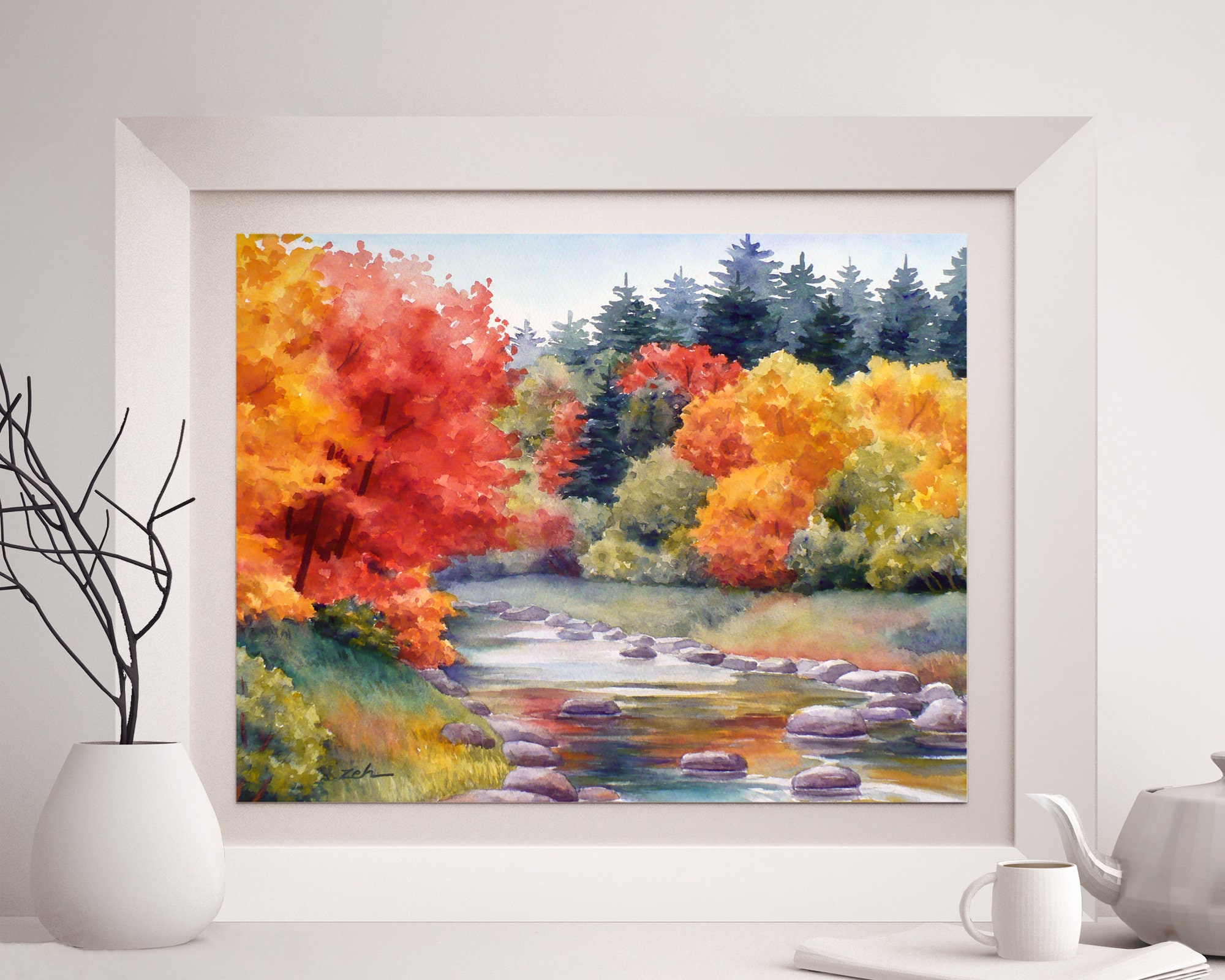 Autumn Fall Art Print New England Watercolor Landscape