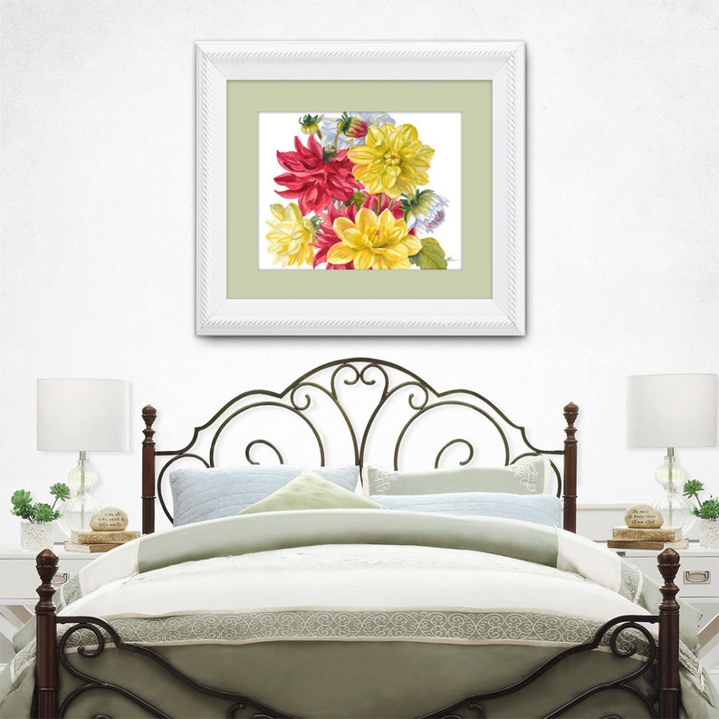 Dahlia Wall Art Botanical Print Red Yellow Flowers Floral Wall Decor by ...