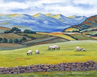 Original mountain and sheep painting Cumbria England watercolor ink landscape wall art Peaceful home decor Painted to order by Janet Zeh