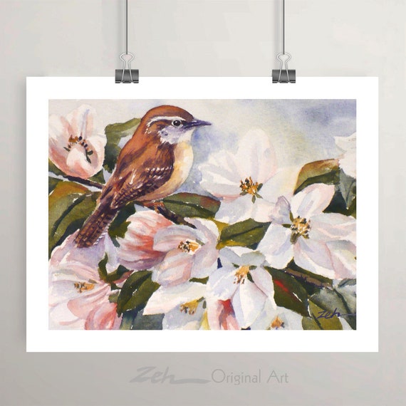 Bird print wren watercolor pink apple blossoms unframed wall art by Janet Zeh Home decor