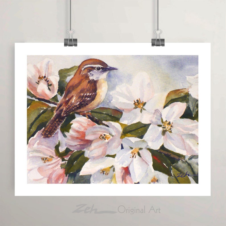 May include: Watercolor painting of a small brown bird perched on a branch with white and pink blossoms. The artwork is signed "Zeh" and is titled "Original Art". The bird has a light-colored breast and a dark beak.