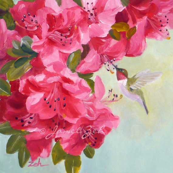 Hummingbird Art Print Pink Azalea Flowers Garden Decor Bird Etsy