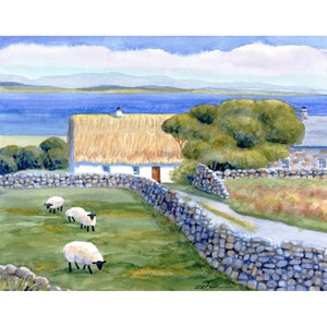 Original Aran Islands watercolor landscape painting Ireland thatched cottage sheep unframed wall art by Janet Zeh