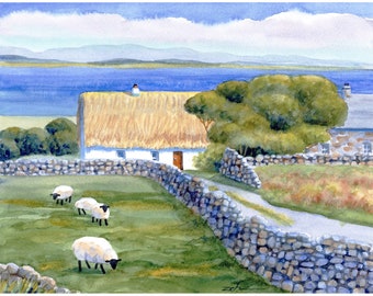 Original Aran Islands watercolor landscape painting Ireland thatched cottage sheep unframed wall art by Janet Zeh