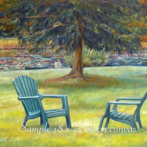 May include: A painting depicting a tranquil scene with two green chairs overlooking a pond with lily pads. The chairs are in the foreground, and the pond is in the background. The painting is titled "Sample 18 x 24 oil on canvas" and signed by Janet Zeh.