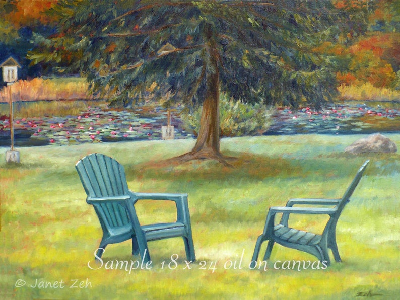 May include: A painting depicting a tranquil scene with two green chairs overlooking a pond with lily pads. The chairs are in the foreground, and the pond is in the background. The painting is titled "Sample 18 x 24 oil on canvas" and signed by Janet Zeh.