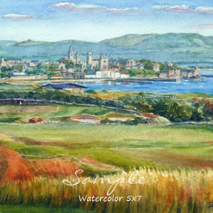 May include: Watercolor painting of a green golf course with a city skyline in the distance. The city is on a peninsula with a body of water separating it from the golf course. The sky is blue with white clouds. The painting is signed "Zeb" in the lower right corner and has the text "Sample Watercolor 5x7" in the lower center.