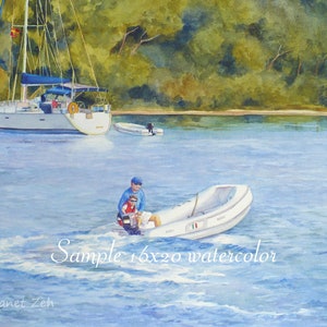 May include: A watercolor painting of a sailboat and a small dinghy with two people in it. The sailboat is white with blue accents and is anchored in a calm blue bay. The dinghy is white with a blue stripe and is being driven by a person wearing a blue shirt and a blue hat. The background is a lush green forest.