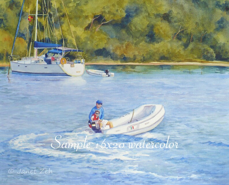 May include: A watercolor painting of a sailboat and a small dinghy with two people in it. The sailboat is white with blue accents and is anchored in a calm blue bay. The dinghy is white with a blue stripe and is being driven by a person wearing a blue shirt and a blue hat. The background is a lush green forest.