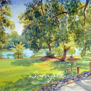 May include: Watercolor painting of a river scene with lush green trees and a stone wall in the foreground. The river is calm and blue, and the trees are in full bloom. The painting is signed "Sample Watercolor 12x16".