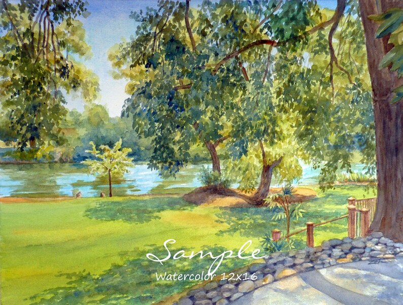 May include: Watercolor painting of a river scene with lush green trees and a stone wall in the foreground. The river is calm and blue, and the trees are in full bloom. The painting is signed "Sample Watercolor 12x16".