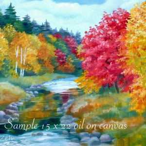 May include: A painting of a stream flowing through an autumnal forest. The trees are a mix of yellow, orange, red, and green. The stream is reflected in the water. The painting is titled "Sample 15 x 22 oil on canvas".