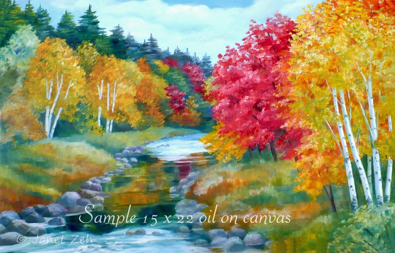 May include: A painting of a stream flowing through an autumnal forest. The trees are a mix of yellow, orange, red, and green. The stream is reflected in the water. The painting is titled "Sample 15 x 22 oil on canvas".