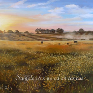 May include: A painting depicting a rural landscape at sunset, featuring a field of tall grass in the foreground. The sky is a blend of blue, pink, and orange. Trees are visible in the distance, with a few cows grazing in the field. The painting is signed "Janet Zeh" in the bottom left corner and "Zeh" in the bottom right corner. The text "Sample 18 x 24 oil on canvas" is written in the bottom right corner.