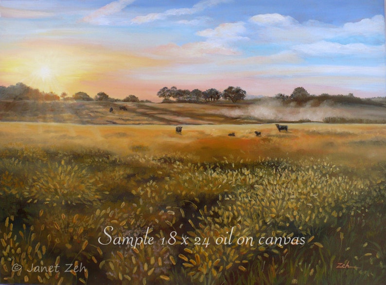 May include: A painting depicting a rural landscape at sunset, featuring a field of tall grass in the foreground. The sky is a blend of blue, pink, and orange. Trees are visible in the distance, with a few cows grazing in the field. The painting is signed "Janet Zeh" in the bottom left corner and "Zeh" in the bottom right corner. The text "Sample 18 x 24 oil on canvas" is written in the bottom right corner.