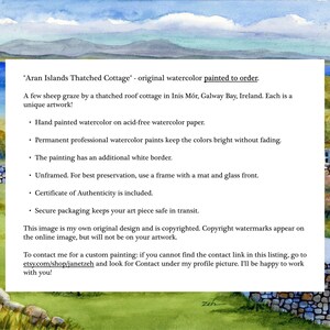 May include: Watercolor painting titled "Aran Islands Thatched Cottage" depicting a thatched roof cottage in Ireland. The artwork features sheep grazing and is painted on acid-free paper. The painting has a white border and includes a certificate of authenticity.