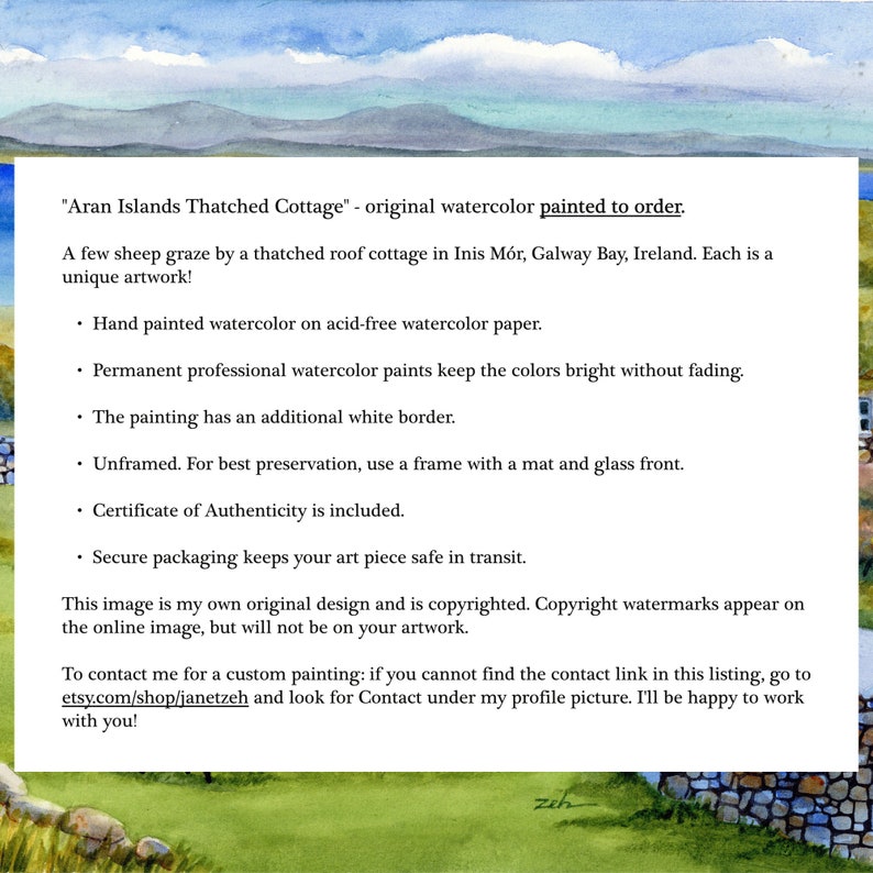 May include: Watercolor painting titled "Aran Islands Thatched Cottage" depicting a thatched roof cottage in Ireland. The artwork features sheep grazing and is painted on acid-free paper. The painting has a white border and includes a certificate of authenticity.
