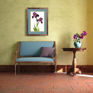 May include: A framed botanical illustration of purple irises with green leaves against a white background. The frame is brown wood with a gold trim. The illustration is hanging on a light green wall above a blue sofa with a brown wooden frame. A small brown table with a vase of purple flowers sits to the right of the sofa.
