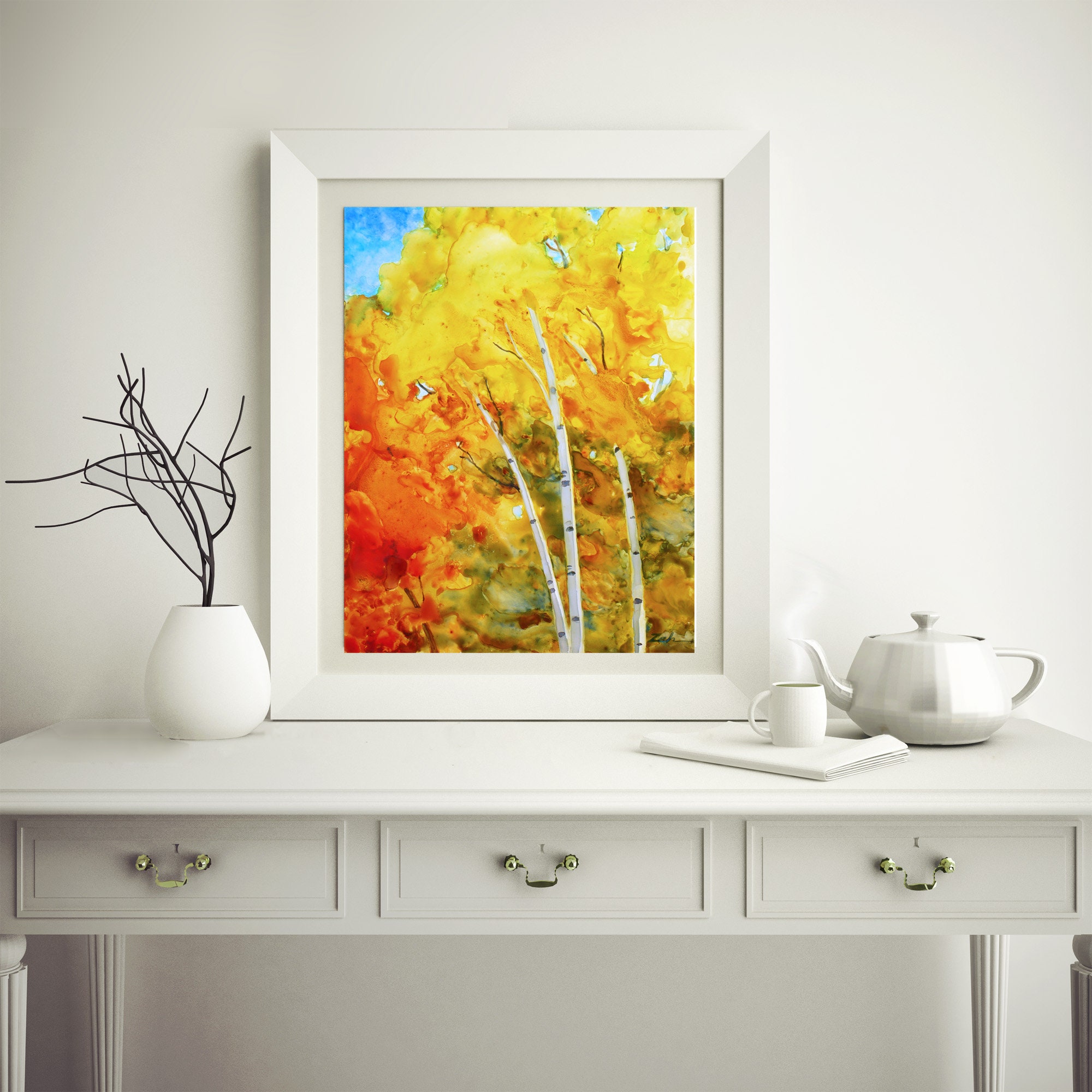 Original 11x14 White Birch Tree Art Autumn Painting Fall Wall