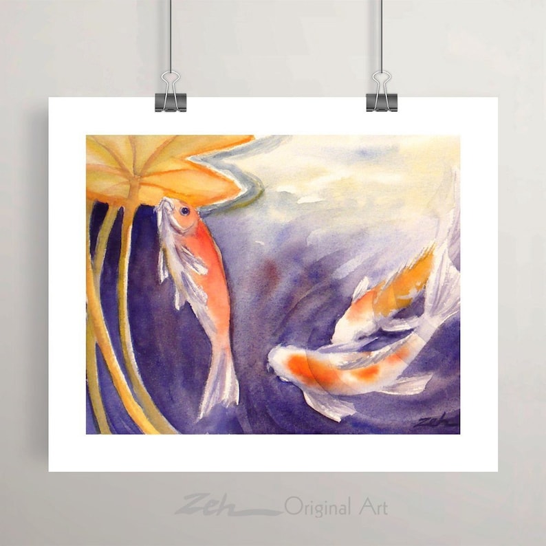 Koi Watercolor Print Fish Painting Lily Pond Art by Janet Zeh Home decor