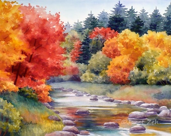 Autumn Fall Art Print New England watercolor landscape Unframed mountain river folliage colorful giclee wall art by Janet Zeh
