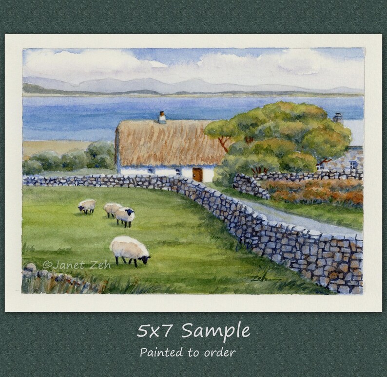 May include: Watercolor painting of a rural landscape featuring a thatched-roof cottage, stone walls, and grazing sheep. The scene includes a body of water and distant mountains under a cloudy sky. The text "5x7 Sample" is visible.