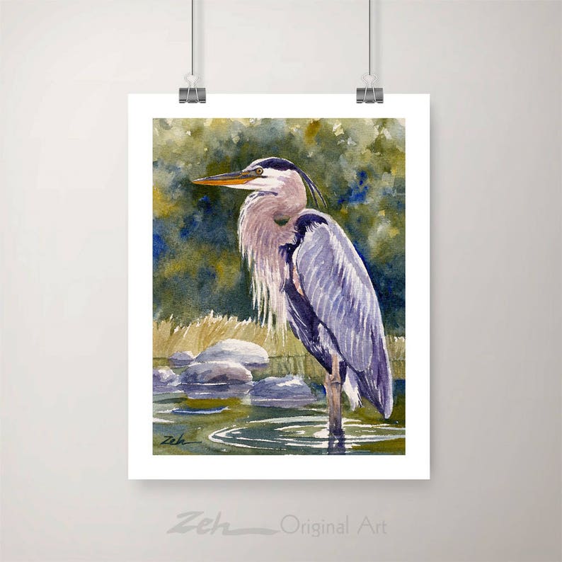 Great Blue Heron Watercolor Print Bird Wall Art Decor by Janet Zeh image 1