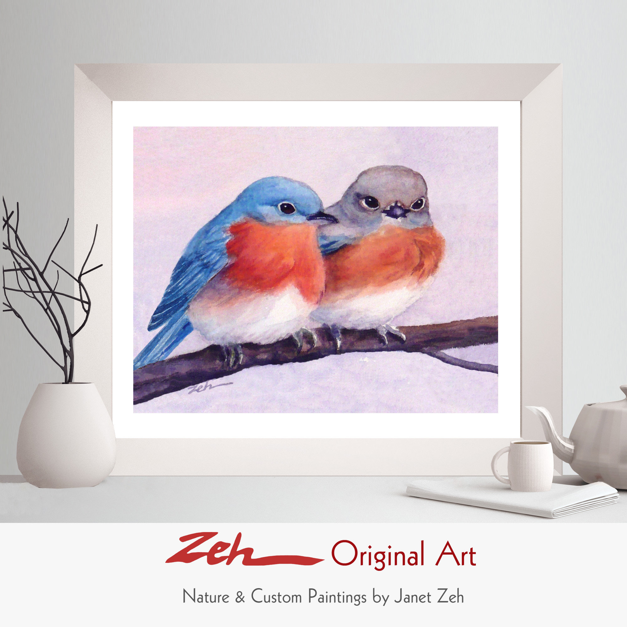 Two Bluebirds Art Print Cute Couple Watercolor Wall Decor Gift