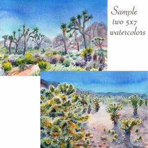 May include: Two watercolor paintings of Joshua Tree National Park in California. The top painting shows a desert landscape with Joshua Trees and a blue sky. The bottom painting shows a close-up of a Joshua Tree with yellow flowers and a blue sky.