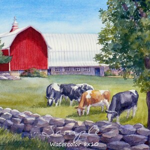 May include: A watercolor painting of a red barn with a white roof and a green field with four cows grazing in front of it. There is a stone wall in the foreground and a large green tree on the right side of the image. The painting is signed "Sample Watercolor 8x10".