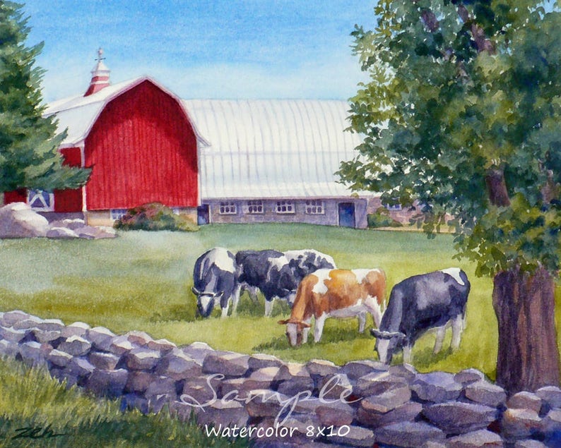 May include: A watercolor painting of a red barn with a white roof and a green field with four cows grazing in front of it. There is a stone wall in the foreground and a large green tree on the right side of the image. The painting is signed "Sample Watercolor 8x10".