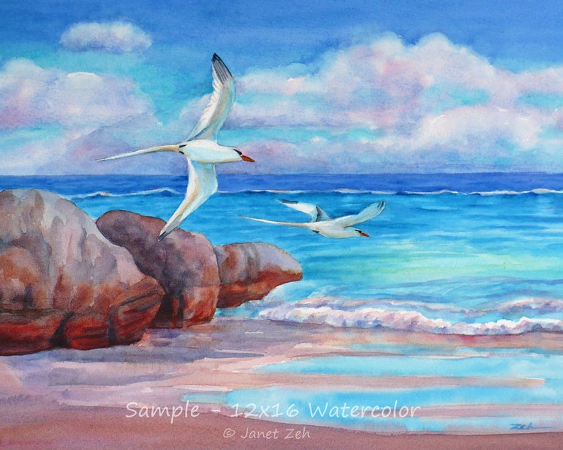 Custom beach painting from photo watercolor or oil art commission original tropical beach wall art coastal artwork by Janet Zeh image 1