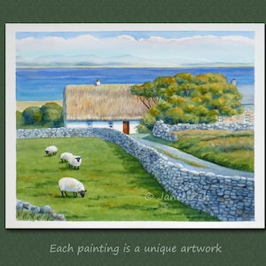 May include: Watercolor painting of a rural landscape featuring a white cottage with a thatched roof, stone wall, and grazing sheep. The painting includes a road, trees, and a body of water in the background. Text: Each painting is a unique artwork.