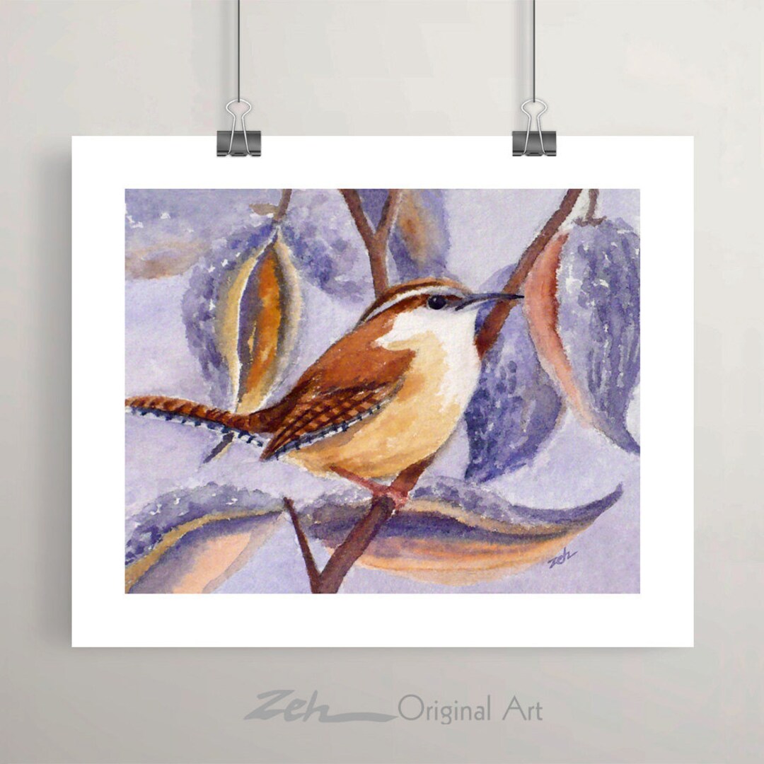 Carolina Wren Bird Art Print Watercolor Painting Autumn Wall Decor