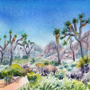 May include: Watercolor painting of a desert landscape with Joshua trees, a blue sky, and brown hills in the background. The painting is signed "Zeh" in the bottom right corner and includes the text "Sample 5x7 Watercolor".