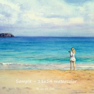 May include: A watercolor painting of a woman standing on a sandy beach with a small dog in her arms. The woman is wearing a white dress and looking out at the ocean. The ocean is a light blue color and there is a small island in the distance. The sky is a light blue color with some white clouds. The painting is titled "Sample - 11x14 watercolor" and signed "Janet Zeh".