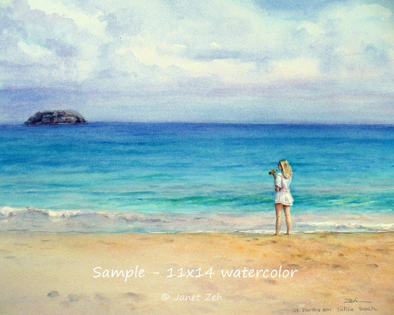 May include: A watercolor painting of a woman standing on a sandy beach with a small dog in her arms. The woman is wearing a white dress and looking out at the ocean. The ocean is a light blue color and there is a small island in the distance. The sky is a light blue color with some white clouds. The painting is titled "Sample - 11x14 watercolor" and signed "Janet Zeh".