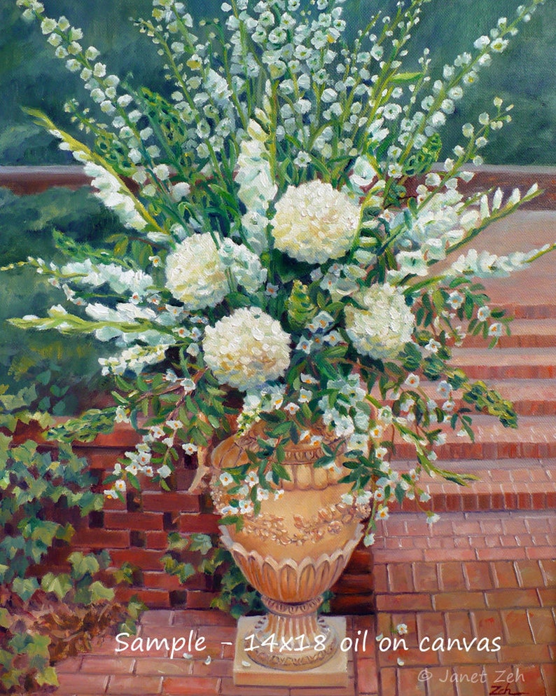 May include: A white floral arrangement in a large, ornate, beige ceramic vase. The vase is sitting on a brick patio. The flowers are a mix of white hydrangeas, white delphiniums, and white baby's breath. The text "Sample - 14x18 oil on canvas" is written on the brick patio.