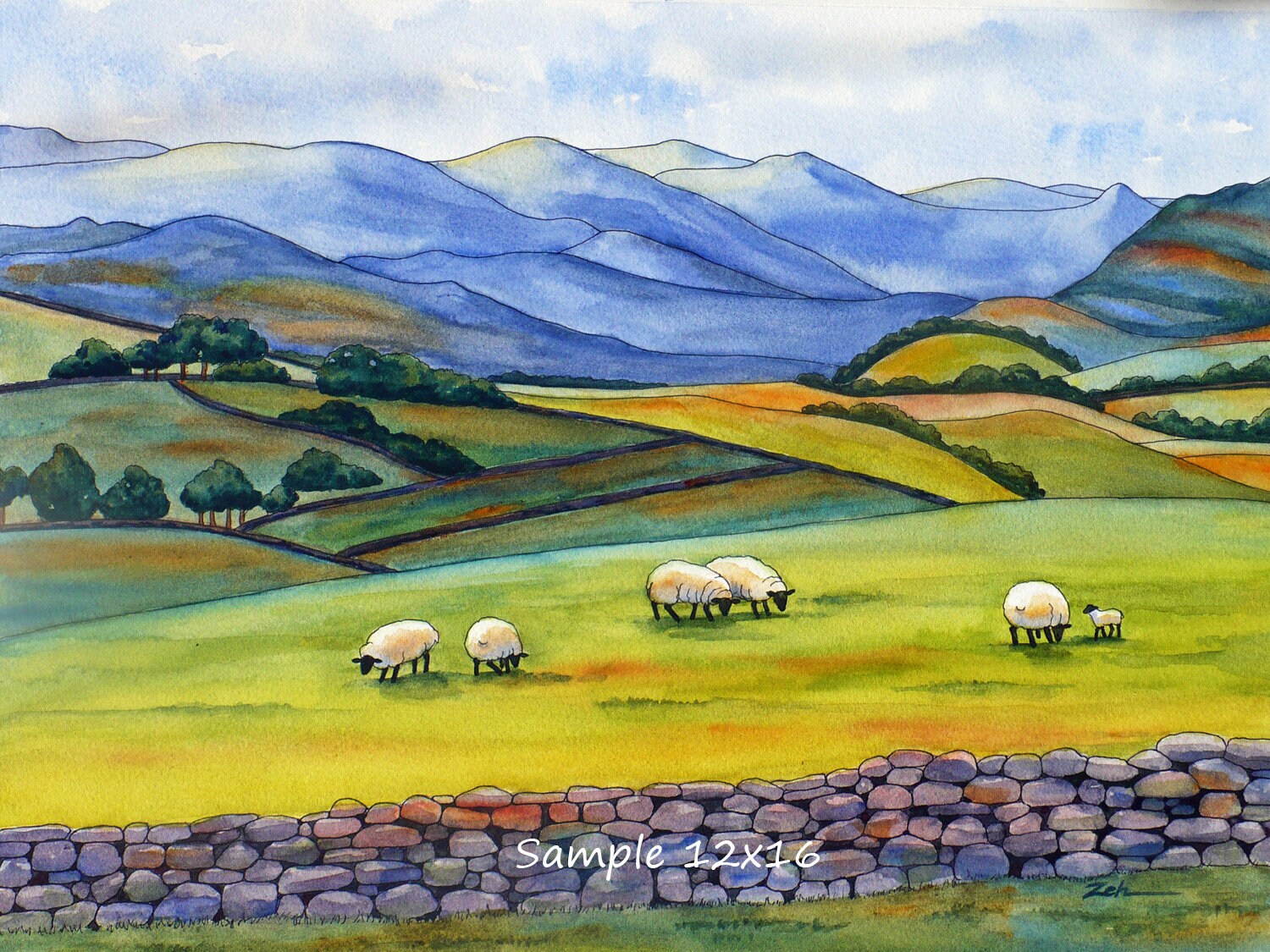 Original Mountain and Sheep Painting Cumbria England Watercolor