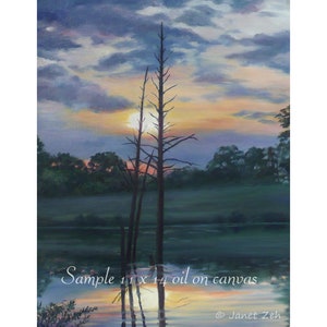 May include: A painting depicting a sunset over a lake, featuring three bare trees in the foreground. The sky is a blend of pink, orange, and purple, while the water is a deep blue. The trees are silhouetted against the sky, with their reflections visible in the water. The painting is titled "Sample 11 x 14 oil on canvas" and signed "Janet Zeh".