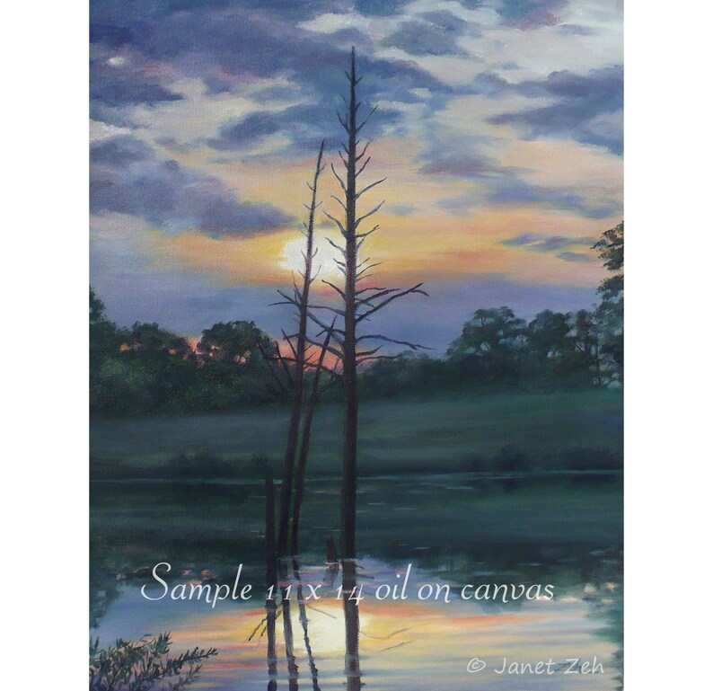 May include: A painting depicting a sunset over a lake, featuring three bare trees in the foreground. The sky is a blend of pink, orange, and purple, while the water is a deep blue. The trees are silhouetted against the sky, with their reflections visible in the water. The painting is titled "Sample 11 x 14 oil on canvas" and signed "Janet Zeh".